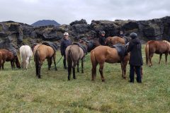 Horses and riders taking a break next to a lava field